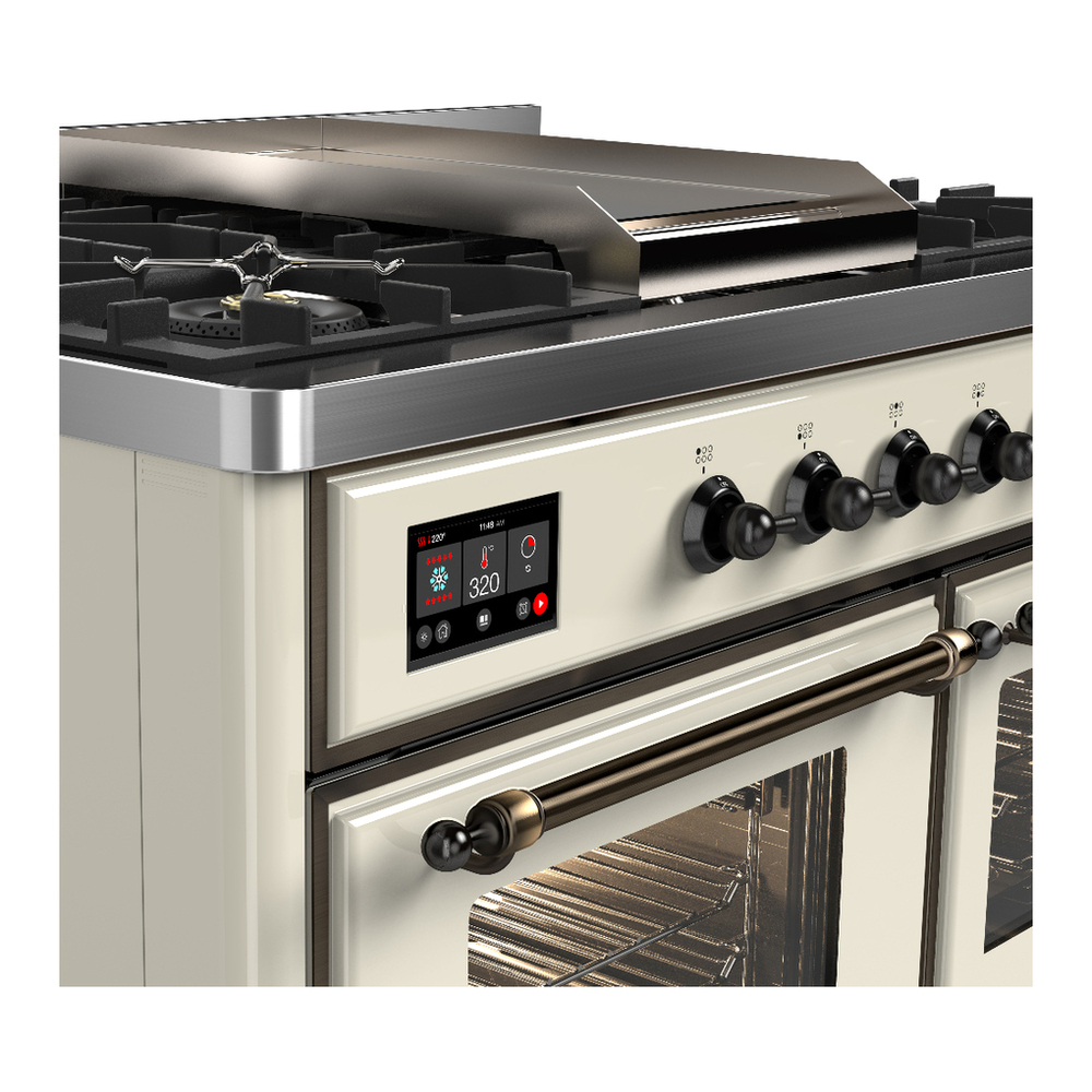 ILVE UMD40FNR3AWB Majestic III 40 inch Dual Fuel Range with 6 Burners and Griddle, Dual Function Burner up to 25,000 BTU (Natural Gas, Triple Glass Door, Antique White, Burnished) 7 ILVE-UMD40FNR3AWB-Control Knobs View