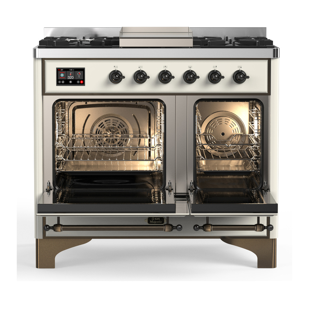 ILVE UMD40FNR3AWB Majestic III 40 inch Dual Fuel Range with 6 Burners and Griddle, Dual Function Burner up to 25,000 BTU (Natural Gas, Triple Glass Door, Antique White, Burnished) 2 ILVE-UMD40FNR3AWB-Double Oven Open View