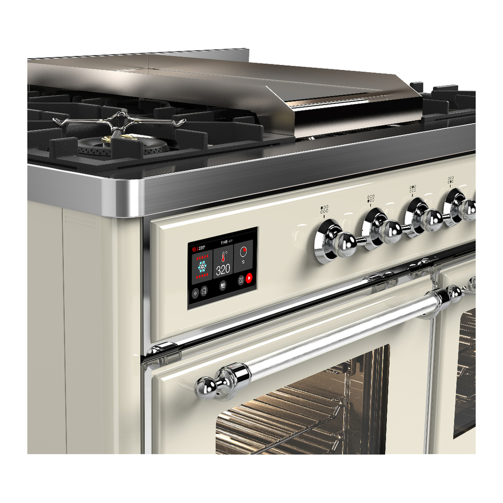 ILVE UMD40FNR3AWC Majestic III 40 inch Dual Fuel Range with 6 Burners and Griddle, Dual Function Burner up to 25,000 BTU (Natural Gas, Triple Glass Door, Antique White, Chrome) 7 ILVE-UMD40FNR3AWC-Control Knobs View