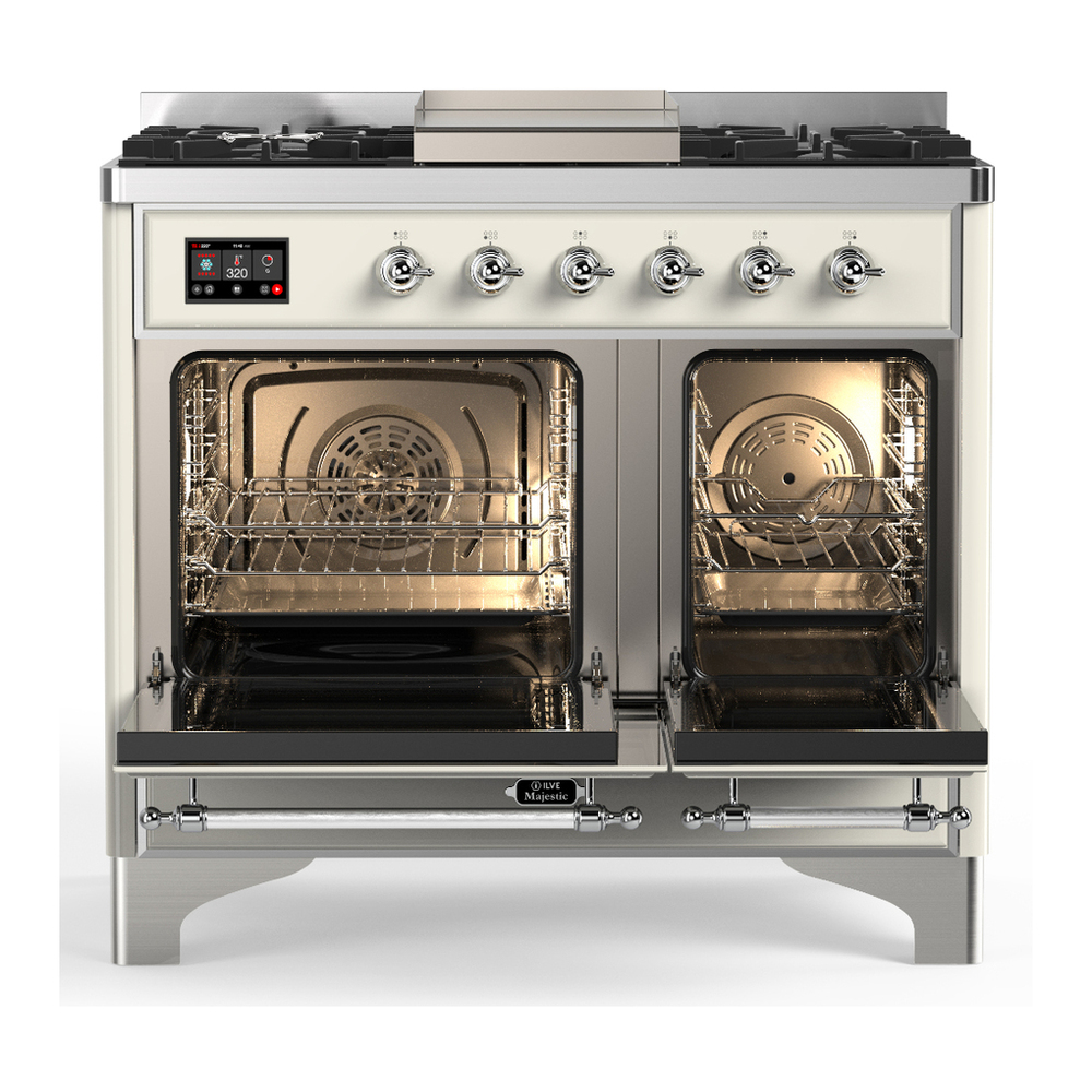 ILVE UMD40FNR3AWC Majestic III 40 inch Dual Fuel Range with 6 Burners and Griddle, Dual Function Burner up to 25,000 BTU (Natural Gas, Triple Glass Door, Antique White, Chrome) 2 ILVE-UMD40FNR3AWC-Double Oven Open View