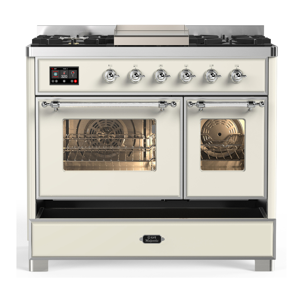 ILVE UMD40FNR3AWC Majestic III 40 inch Dual Fuel Range with 6 Burners and Griddle, Dual Function Burner up to 25,000 BTU (Natural Gas, Triple Glass Door, Antique White, Chrome) 5 ILVE-UMD40FNR3AWC-Drawer Open View
