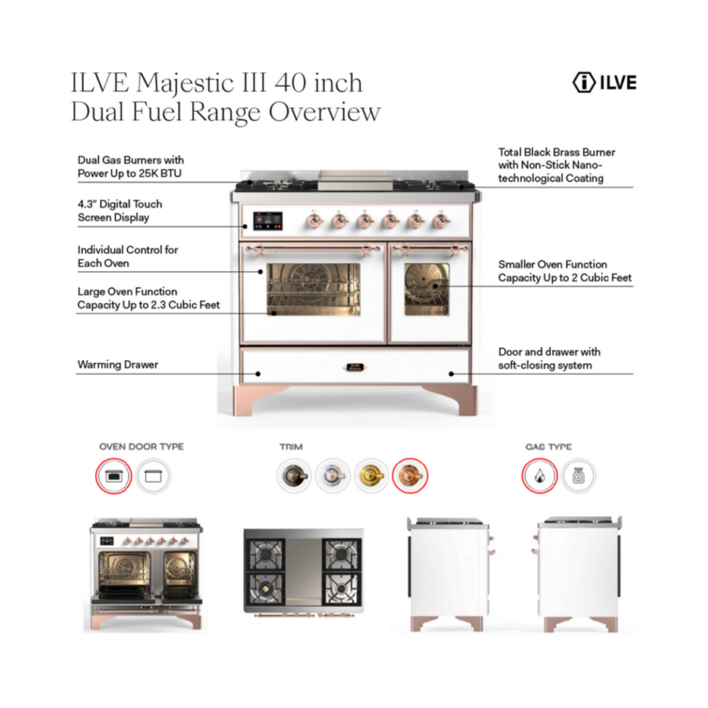 ILVE UMD40F Majestic III 40 inch Dual Fuel Range with 6 Burners and Griddle, Dual Function Burner up to 25,000 BTU