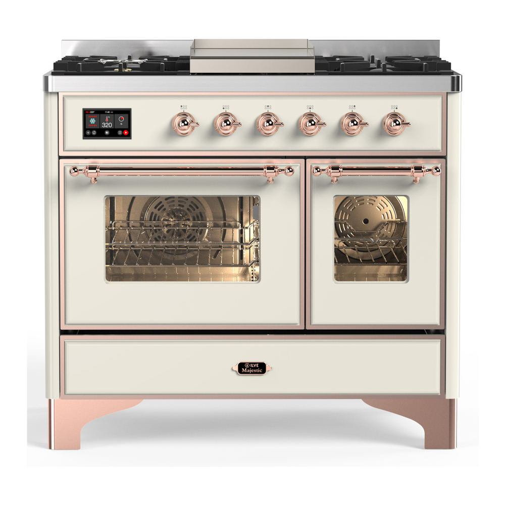 ILVE UMD40FNR3AWPLP Majestic III 40 inch Dual Fuel Range with 6 Burners and Griddle, Dual Function Burner up to 25,000 BTU (Liquid Propane, Triple Glass Door, Antique White, Copper) 1 UMD40FNR3AWPLP