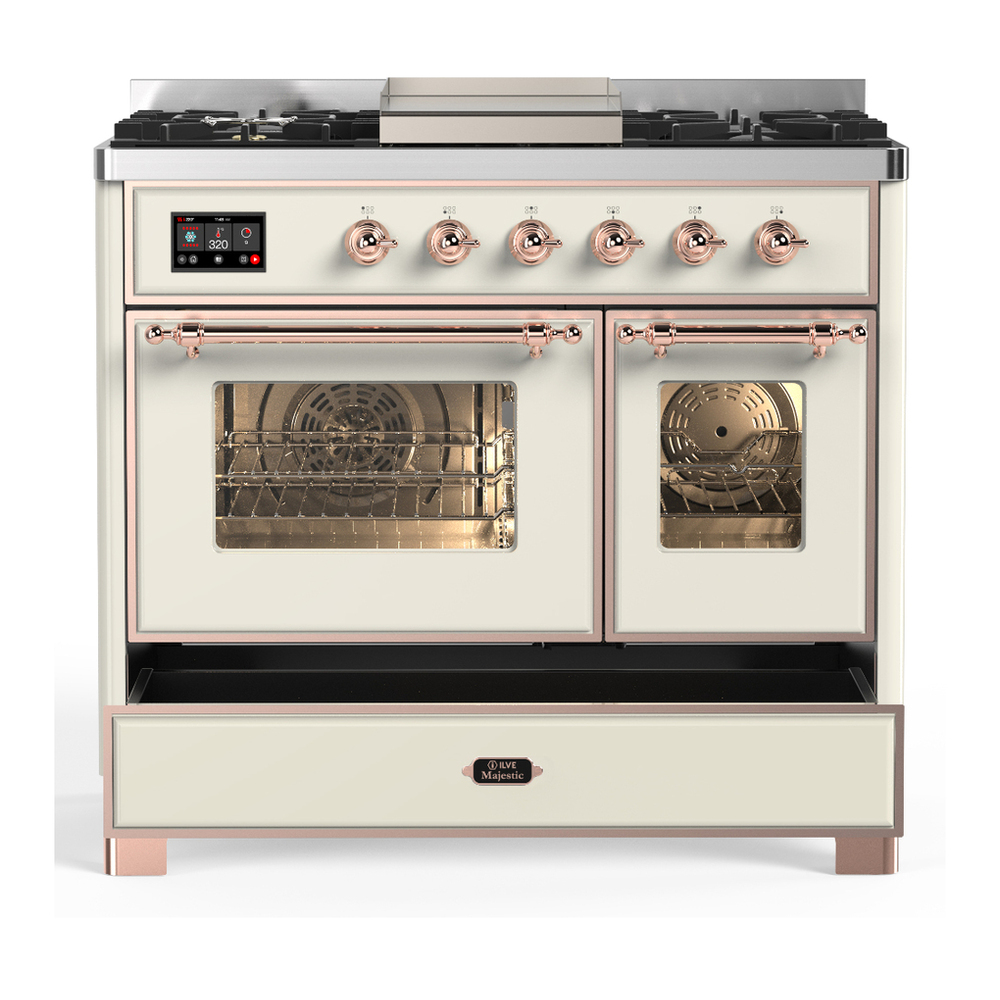 ILVE UMD40FNR3AWPLP Majestic III 40 inch Dual Fuel Range with 6 Burners and Griddle, Dual Function Burner up to 25,000 BTU (Liquid Propane, Triple Glass Door, Antique White, Copper) 5 ILVE-UMD40FNR3AWPLP-Drawer Open View