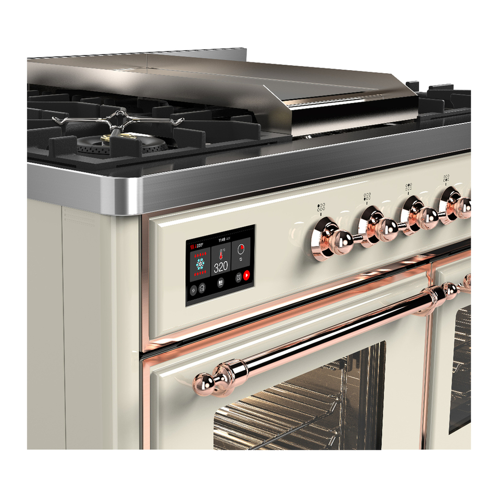 ILVE UMD40FNR3AWP Majestic III 40 inch Dual Fuel Range with 6 Burners and Griddle, Dual Function Burner up to 25,000 BTU (Natural Gas, Triple Glass Door, Antique White, Copper) 7 ILVE-UMD40FNR3AWP-Control Knobs View
