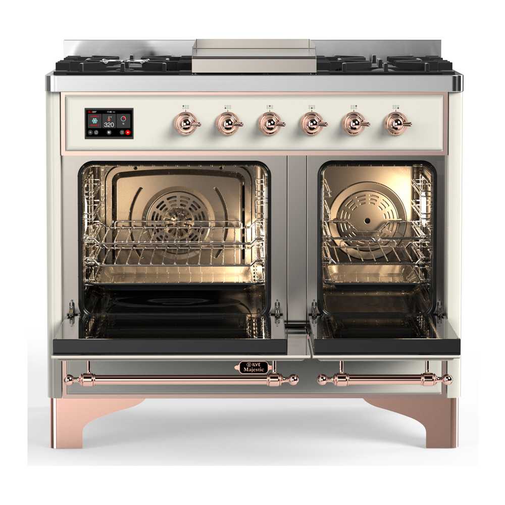 ILVE UMD40FNR3AWP Majestic III 40 inch Dual Fuel Range with 6 Burners and Griddle, Dual Function Burner up to 25,000 BTU (Natural Gas, Triple Glass Door, Antique White, Copper) 2 ILVE-UMD40FNR3AWP-Double Oven Open View