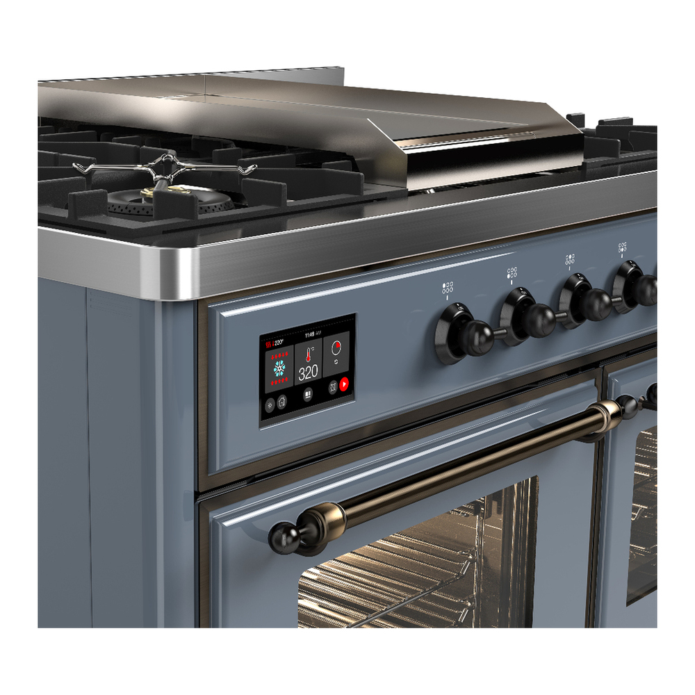 ILVE UMD40FNR3BGBLP Majestic III 40 inch Dual Fuel Range with 6 Burners and Griddle, Dual Function Burner up to 25,000 BTU (Liquid Propane, Triple Glass Door, Blue Grey, Burnished) 7 ILVE-UMD40FNR3BGBLP-Control Knobs View
