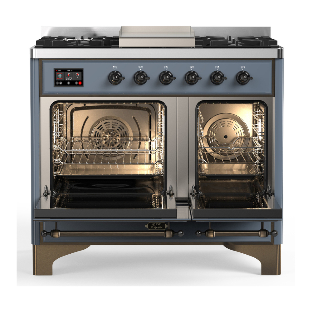 ILVE UMD40FNR3BGBLP Majestic III 40 inch Dual Fuel Range with 6 Burners and Griddle, Dual Function Burner up to 25,000 BTU (Liquid Propane, Triple Glass Door, Blue Grey, Burnished) 2 ILVE-UMD40FNR3BGBLP-Double Oven Open View