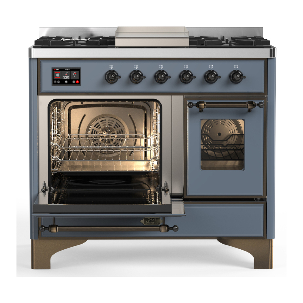 ILVE UMD40FNR3BGBLP Majestic III 40 inch Dual Fuel Range with 6 Burners and Griddle, Dual Function Burner up to 25,000 BTU (Liquid Propane, Triple Glass Door, Blue Grey, Burnished) 3 ILVE-UMD40FNR3BGBLP-Primary Oven Open View