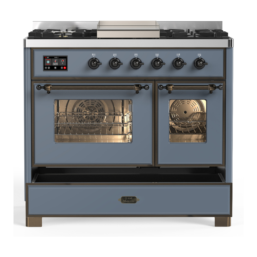 ILVE UMD40FNR3BGBLP Majestic III 40 inch Dual Fuel Range with 6 Burners and Griddle, Dual Function Burner up to 25,000 BTU (Liquid Propane, Triple Glass Door, Blue Grey, Burnished) 5 ILVE-UMD40FNR3BGBLP-Drawer Open View