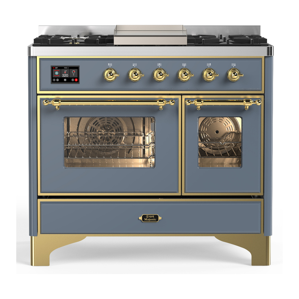ILVE UMD40FNR3BGG Majestic III 40 inch Dual Fuel Range with 6 Burners and Griddle, Dual Function Burner up to 25,000 BTU (Natural Gas, Triple Glass Door, Blue Grey, Brass) 1 UMD40FNR3BGG