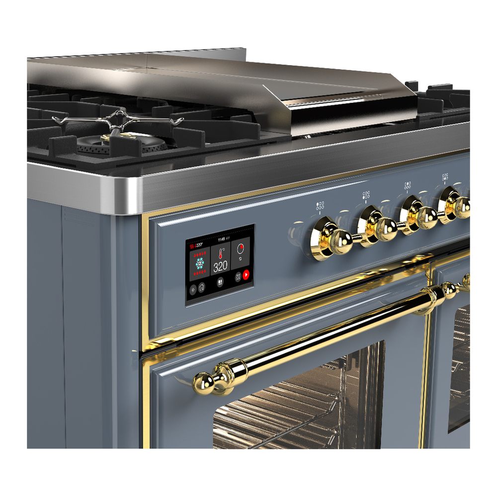 ILVE UMD40FNR3BGG Majestic III 40 inch Dual Fuel Range with 6 Burners and Griddle, Dual Function Burner up to 25,000 BTU (Natural Gas, Triple Glass Door, Blue Grey, Brass) 7 ILVE-UMD40FNR3BGG-Control Knobs View