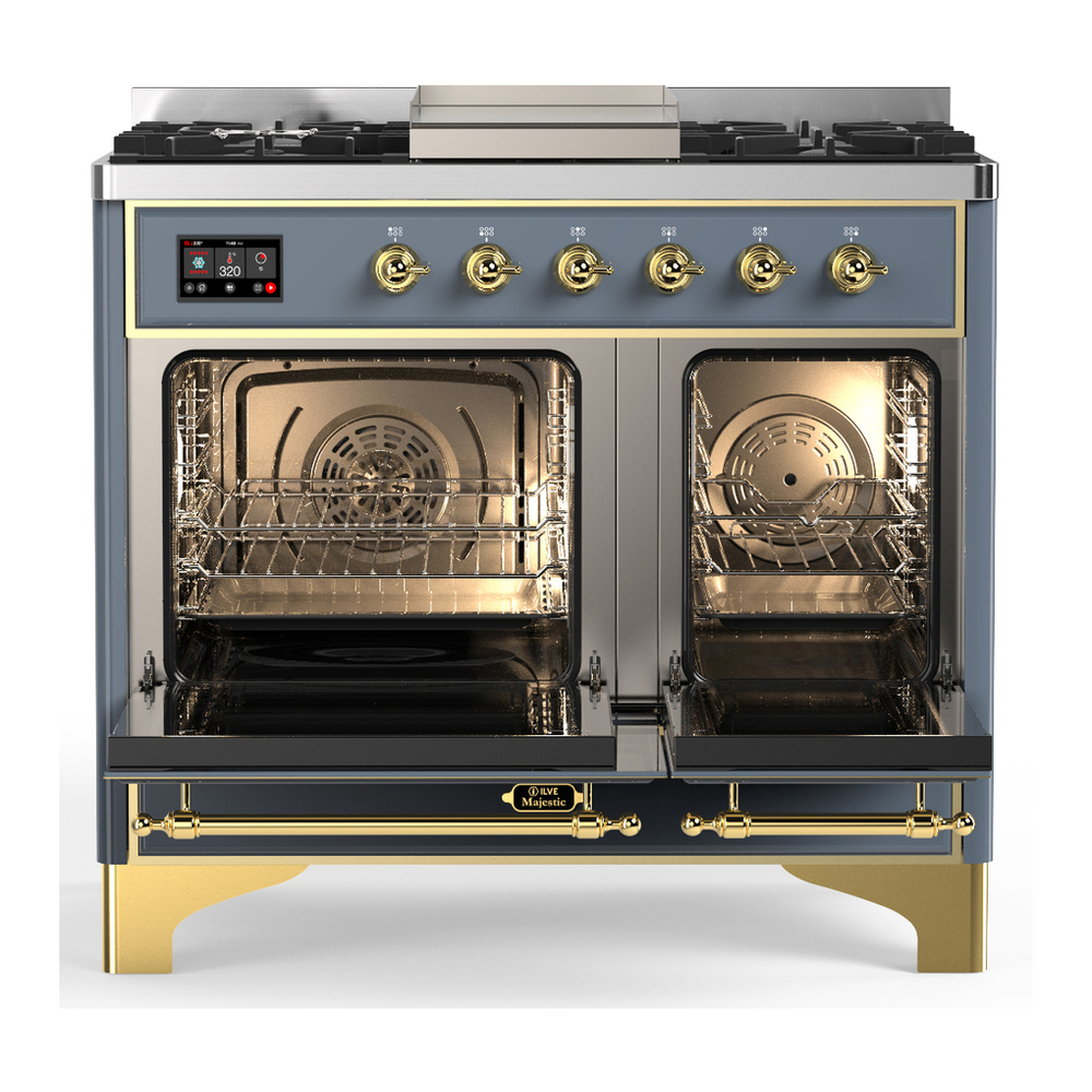 ILVE UMD40FNR3BGG Majestic III 40 inch Dual Fuel Range with 6 Burners and Griddle, Dual Function Burner up to 25,000 BTU (Natural Gas, Triple Glass Door, Blue Grey, Brass) 2 ILVE-UMD40FNR3BGG-Double Oven Open View