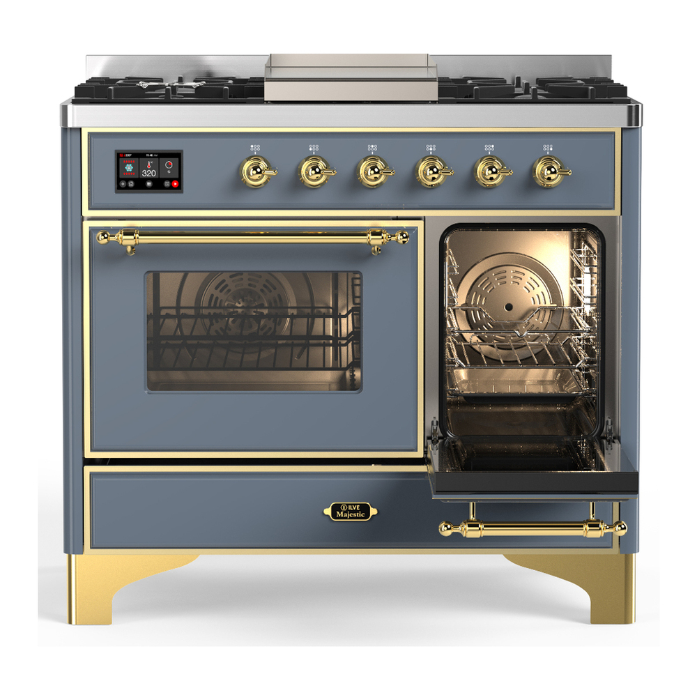 ILVE UMD40FNR3BGG Majestic III 40 inch Dual Fuel Range with 6 Burners and Griddle, Dual Function Burner up to 25,000 BTU (Natural Gas, Triple Glass Door, Blue Grey, Brass) 4 ILVE-UMD40FNR3BGG-Secondary Oven Open View