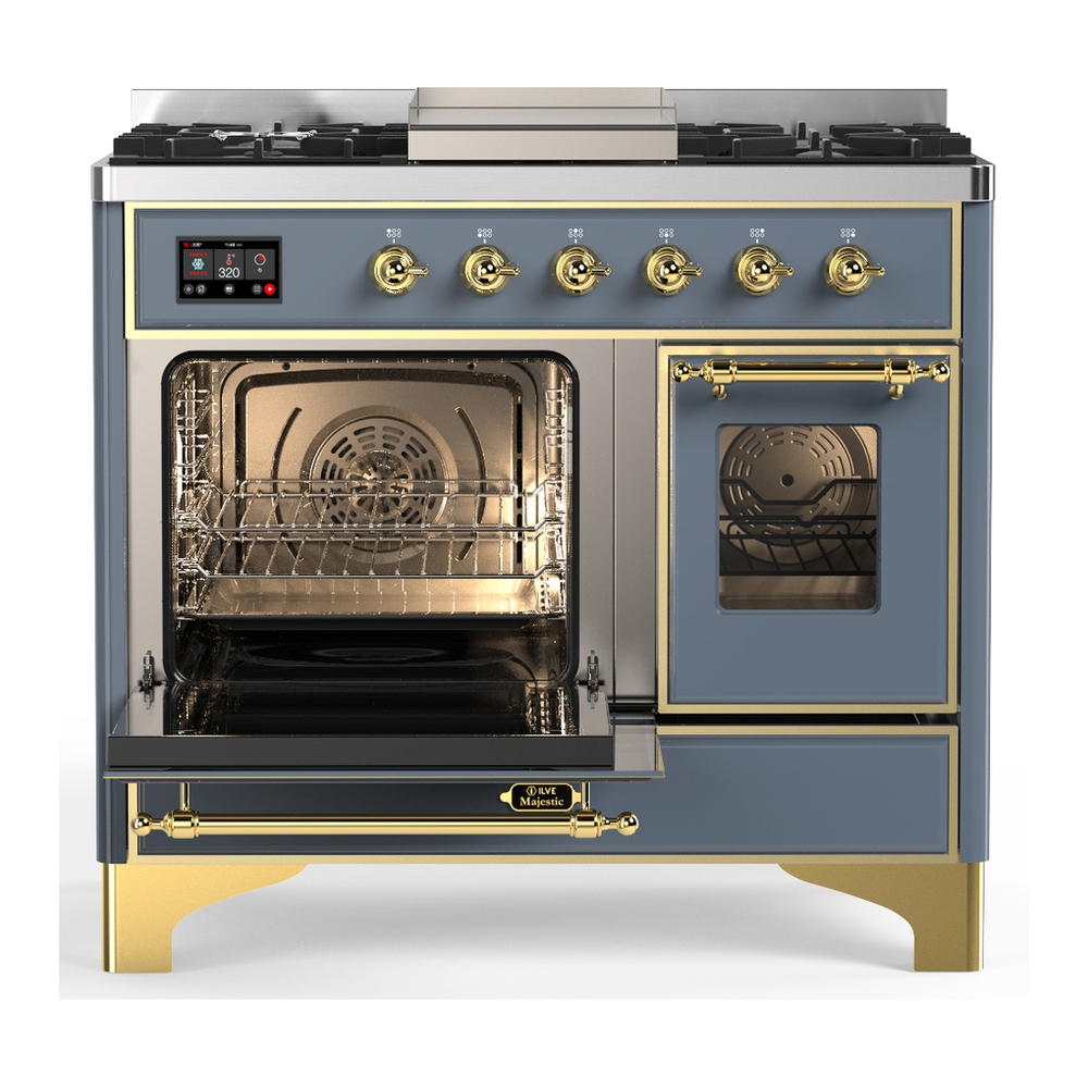 ILVE UMD40FNR3BGG Majestic III 40 inch Dual Fuel Range with 6 Burners and Griddle, Dual Function Burner up to 25,000 BTU (Natural Gas, Triple Glass Door, Blue Grey, Brass) 3 ILVE-UMD40FNR3BGG-Primary Oven Open View