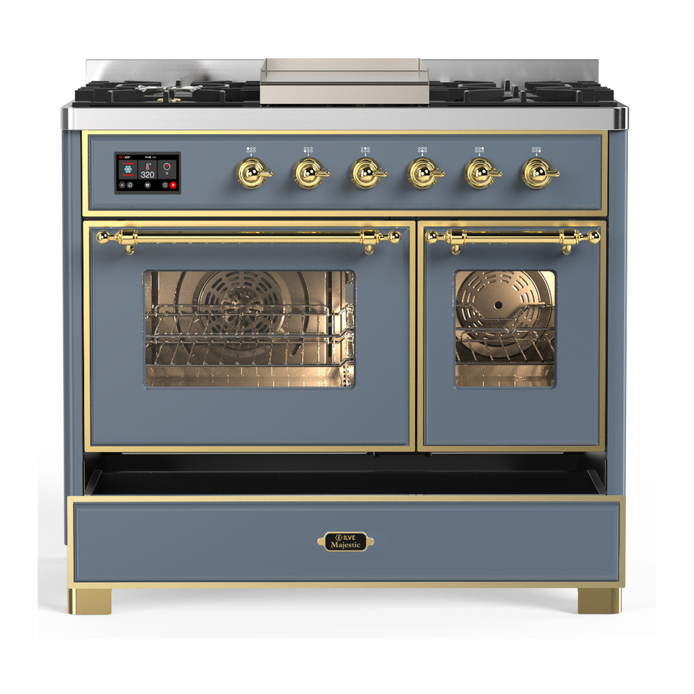 ILVE UMD40FNR3BGG Majestic III 40 inch Dual Fuel Range with 6 Burners and Griddle, Dual Function Burner up to 25,000 BTU (Natural Gas, Triple Glass Door, Blue Grey, Brass) 5 ILVE-UMD40FNR3BGG-Drawer Open View