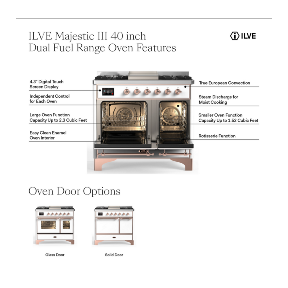 ILVE UMD40F Majestic III 40 inch Dual Fuel Range with 6 Burners and Griddle, Dual Function Burner up to 25,000 BTU