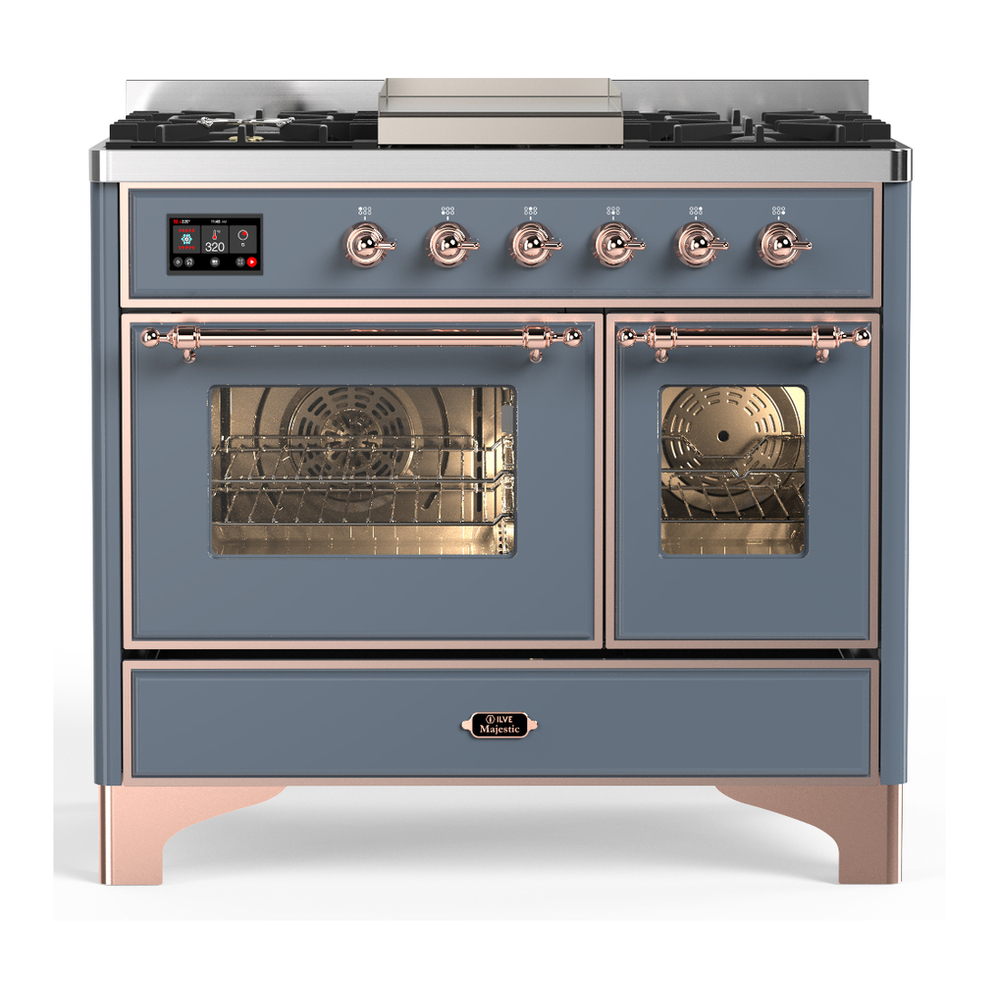 ILVE UMD40FNR3BGPLP Majestic III 40 inch Dual Fuel Range with 6 Burners and Griddle, Dual Function Burner up to 25,000 BTU (Liquid Propane, Triple Glass Door, Blue Grey, Copper) 1 UMD40FNR3BGPLP