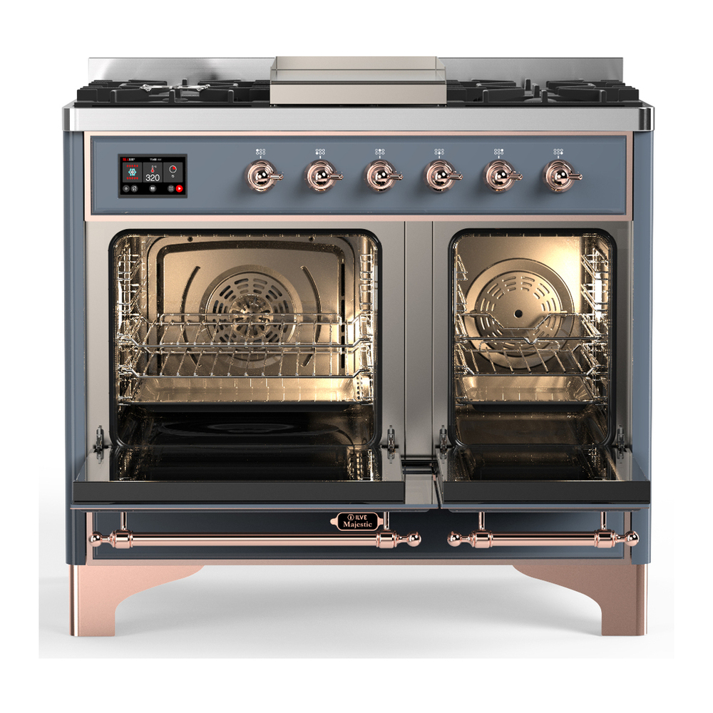 ILVE UMD40FNR3BGPLP Majestic III 40 inch Dual Fuel Range with 6 Burners and Griddle, Dual Function Burner up to 25,000 BTU (Liquid Propane, Triple Glass Door, Blue Grey, Copper) 2 ILVE-UMD40FNR3BGPLP-Double Oven Open View