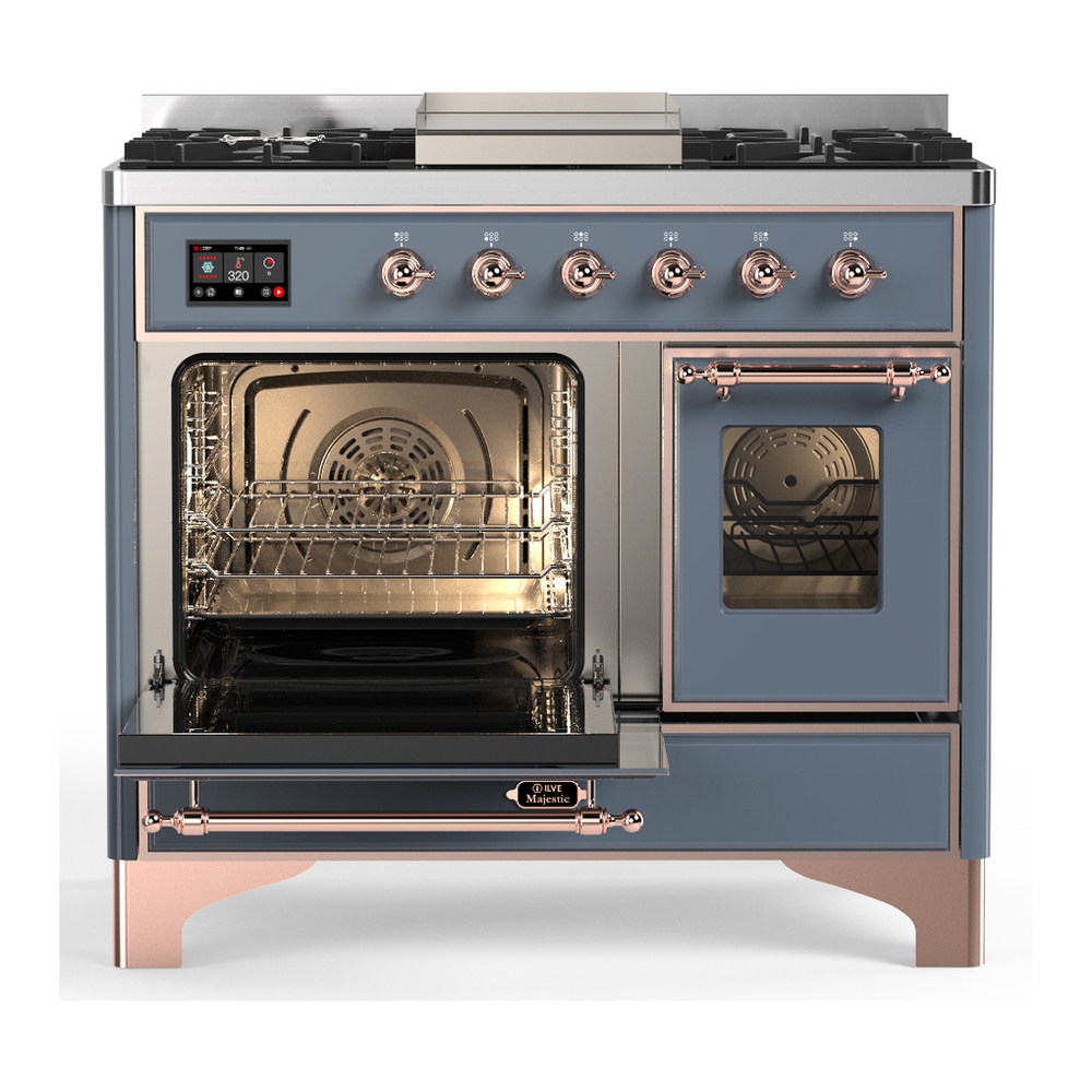 ILVE UMD40FNR3BGPLP Majestic III 40 inch Dual Fuel Range with 6 Burners and Griddle, Dual Function Burner up to 25,000 BTU (Liquid Propane, Triple Glass Door, Blue Grey, Copper) 3 ILVE-UMD40FNR3BGPLP-Primary Oven Open View