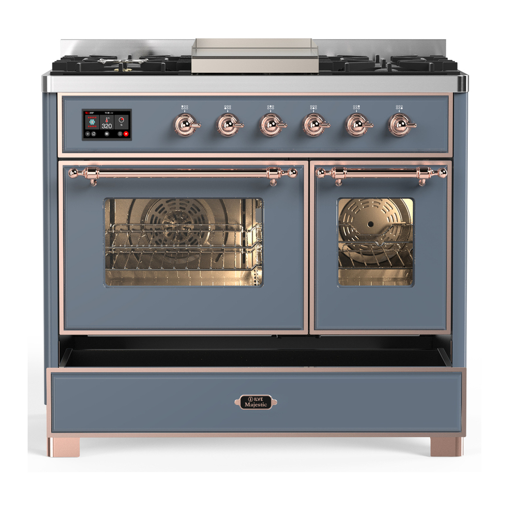 ILVE UMD40FNR3BGP Majestic III 40 inch Dual Fuel Range with 6 Burners and Griddle, Dual Function Burner up to 25,000 BTU (Natural Gas, Triple Glass Door, Blue Grey, Copper) 5 ILVE-UMD40FNR3BGP-Drawer Open View