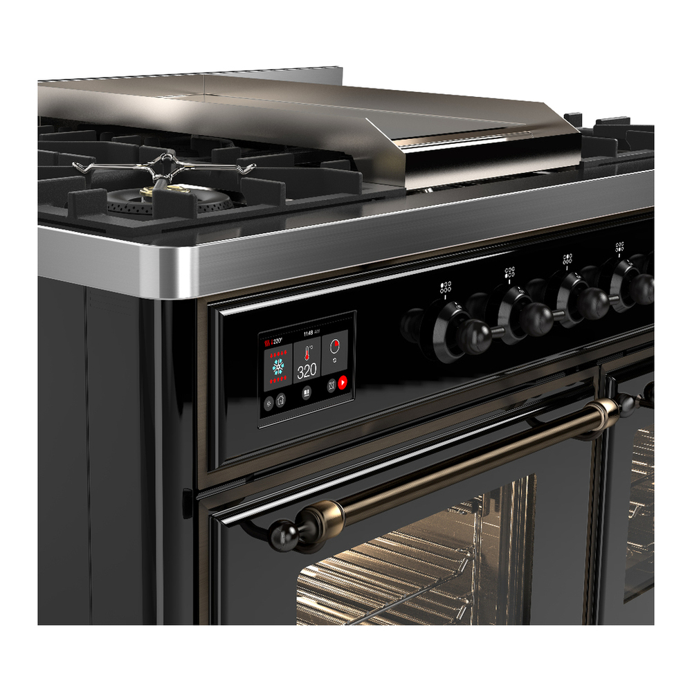 ILVE UMD40FNR3BKBLP Majestic III 40 inch Dual Fuel Range with 6 Burners and Griddle, Dual Function Burner up to 25,000 BTU (Liquid Propane, Triple Glass Door, Glossy Black, Burnished) 7 ILVE-UMD40FNR3BKBLP-Control Knobs View