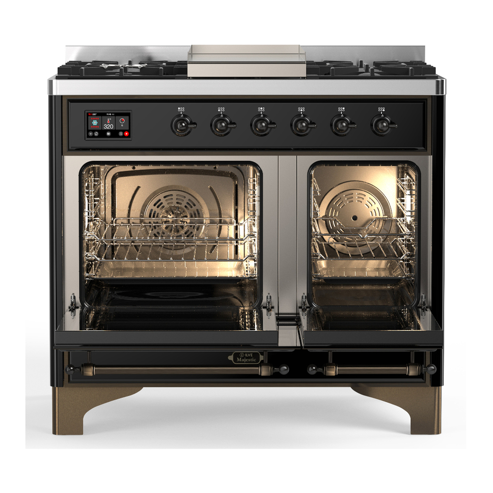 ILVE UMD40FNR3BKBLP Majestic III 40 inch Dual Fuel Range with 6 Burners and Griddle, Dual Function Burner up to 25,000 BTU (Liquid Propane, Triple Glass Door, Glossy Black, Burnished) 2 ILVE-UMD40FNR3BKBLP-Double Oven Open View
