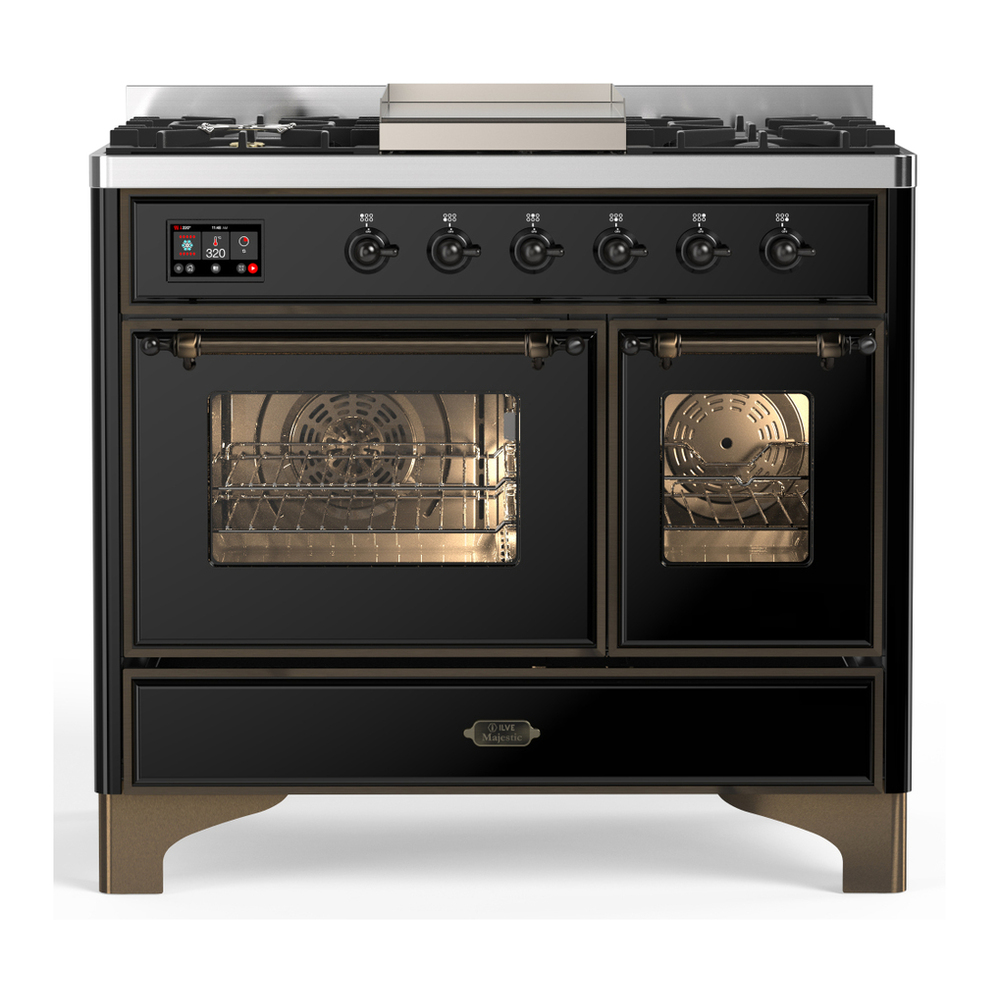 ILVE UMD40FNR3BKB Majestic III 40 inch Dual Fuel Range with 6 Burners and Griddle, Dual Function Burner up to 25,000 BTU (Natural Gas, Triple Glass Door, Glossy Black, Burnished) 1 UMD40FNR3BKB