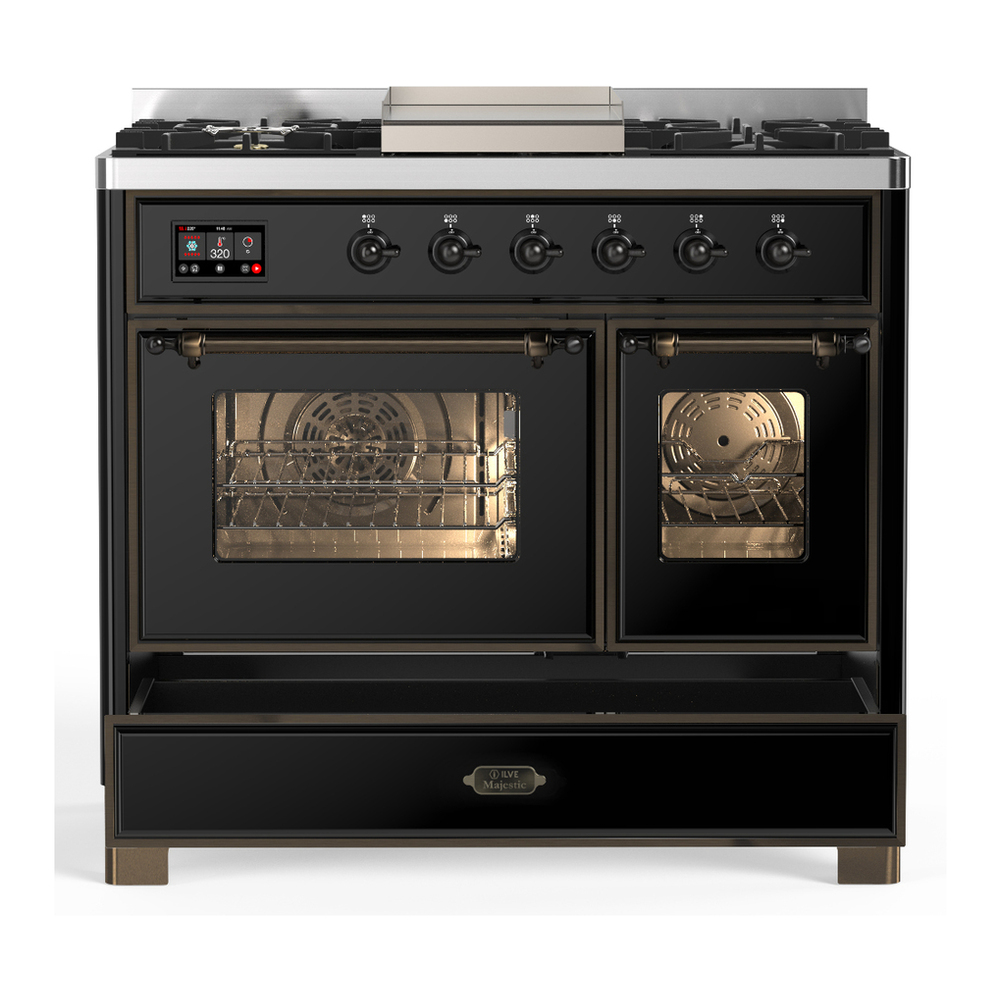 ILVE UMD40FNR3BKB Majestic III 40 inch Dual Fuel Range with 6 Burners and Griddle, Dual Function Burner up to 25,000 BTU (Natural Gas, Triple Glass Door, Glossy Black, Burnished) 5 ILVE-UMD40FNR3BKB-Drawer Open View