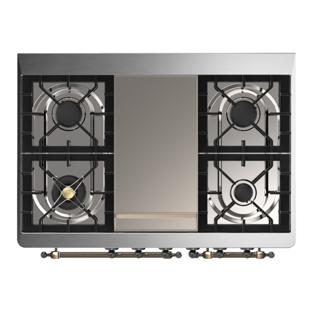ILVE UMD40FNR3BKB Majestic III 40 inch Dual Fuel Range with 6 Burners and Griddle, Dual Function Burner up to 25,000 BTU (Natural Gas, Triple Glass Door, Glossy Black, Burnished) 6 ILVE-UMD40FNR3BKB-Top View