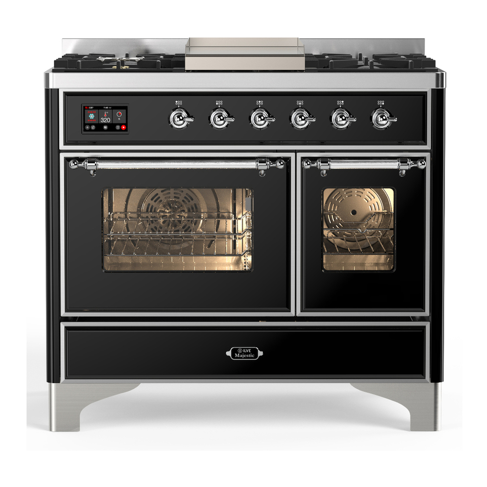 ILVE UMD40FNR3BKCLP Majestic III 40 inch Dual Fuel Range with 6 Burners and Griddle, Dual Function Burner up to 25,000 BTU (Liquid Propane, Triple Glass Door, Glossy Black, Chrome) 1 UMD40FNR3BKCLP
