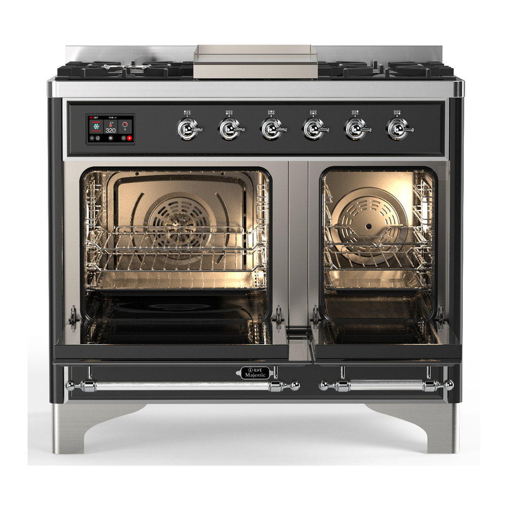 ILVE UMD40FNR3BKCLP Majestic III 40 inch Dual Fuel Range with 6 Burners and Griddle, Dual Function Burner up to 25,000 BTU (Liquid Propane, Triple Glass Door, Glossy Black, Chrome) 2 ILVE-UMD40FNR3BKCLP-Double Oven Open View