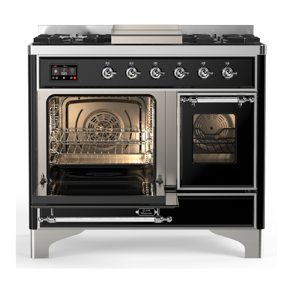 ILVE UMD40FNR3BKCLP Majestic III 40 inch Dual Fuel Range with 6 Burners and Griddle, Dual Function Burner up to 25,000 BTU (Liquid Propane, Triple Glass Door, Glossy Black, Chrome) 3 ILVE-UMD40FNR3BKCLP-Primary Oven Open View
