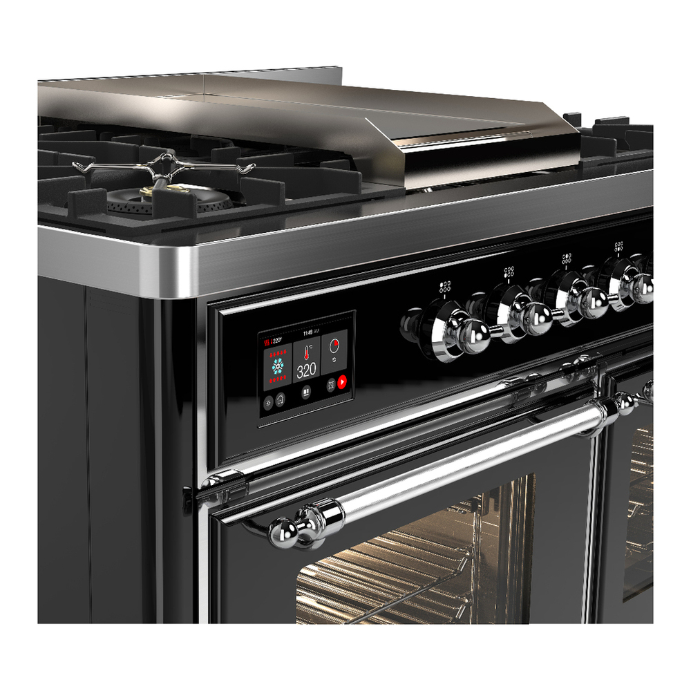ILVE UMD40FNR3BKC Majestic III 40 inch Dual Fuel Range with 6 Burners and Griddle, Dual Function Burner up to 25,000 BTU (Natural Gas, Triple Glass Door, Glossy Black, Chrome) 7 ILVE-UMD40FNR3BKC-Control Knobs View
