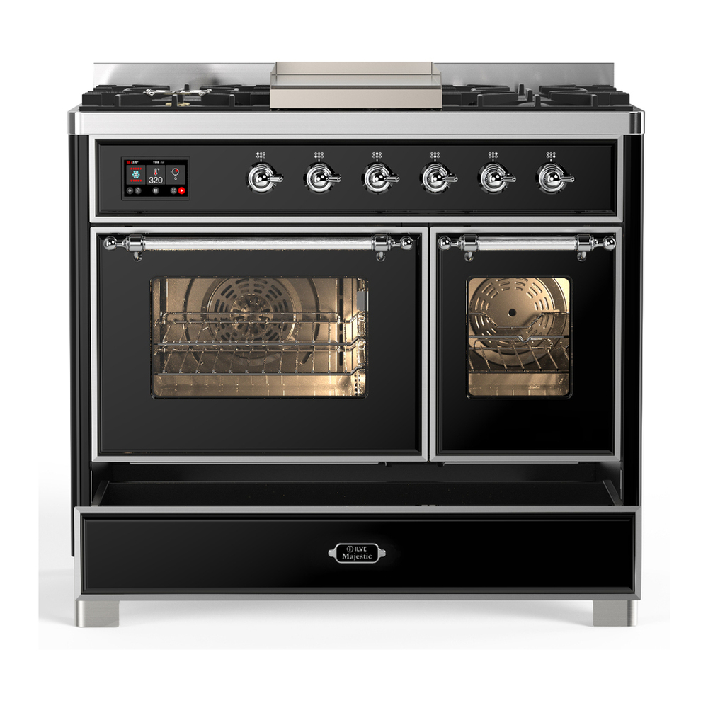 ILVE UMD40FNR3BKC Majestic III 40 inch Dual Fuel Range with 6 Burners and Griddle, Dual Function Burner up to 25,000 BTU (Natural Gas, Triple Glass Door, Glossy Black, Chrome) 5 ILVE-UMD40FNR3BKC-Drawer Open View