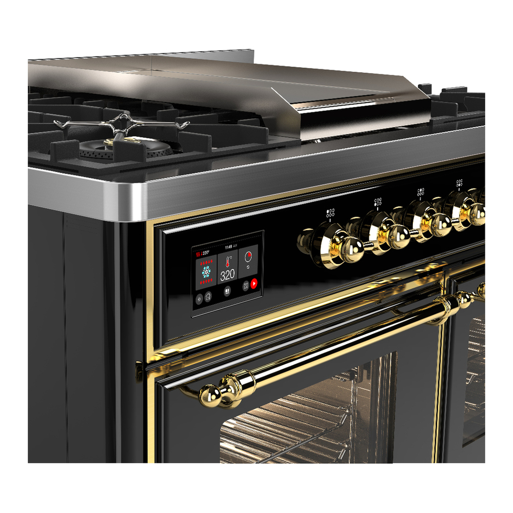 ILVE UMD40FNR3BKGLP Majestic III 40 inch Dual Fuel Range with 6 Burners and Griddle, Dual Function Burner up to 25,000 BTU (Liquid Propane, Triple Glass Door, Glossy Black, Brass) 7 ILVE-UMD40FNR3BKGLP-Control Knobs View