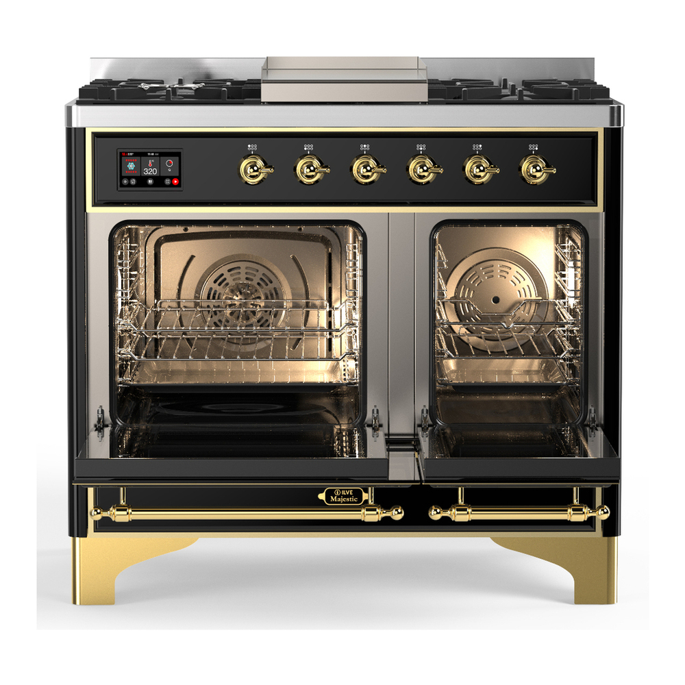 ILVE UMD40FNR3BKGLP Majestic III 40 inch Dual Fuel Range with 6 Burners and Griddle, Dual Function Burner up to 25,000 BTU (Liquid Propane, Triple Glass Door, Glossy Black, Brass) 2 ILVE-UMD40FNR3BKGLP-Double Oven Open View