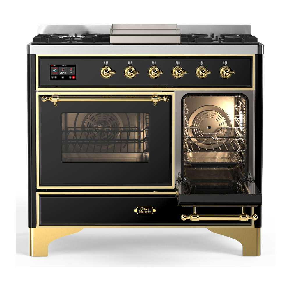 ILVE UMD40FNR3BKGLP Majestic III 40 inch Dual Fuel Range with 6 Burners and Griddle, Dual Function Burner up to 25,000 BTU (Liquid Propane, Triple Glass Door, Glossy Black, Brass) 4 ILVE-UMD40FNR3BKGLP-Secondary Oven Open View