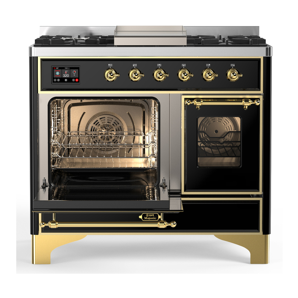 ILVE UMD40FNR3BKGLP Majestic III 40 inch Dual Fuel Range with 6 Burners and Griddle, Dual Function Burner up to 25,000 BTU (Liquid Propane, Triple Glass Door, Glossy Black, Brass) 3 ILVE-UMD40FNR3BKGLP-Primary Oven Open View