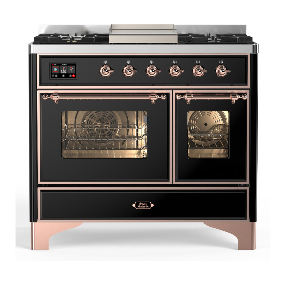 ILVE UMD40FNR3BKPLP Majestic III 40 inch Dual Fuel Range with 6 Burners and Griddle, Dual Function Burner up to 25,000 BTU (Liquid Propane, Triple Glass Door, Glossy Black, Copper) 1 UMD40FNR3BKPLP
