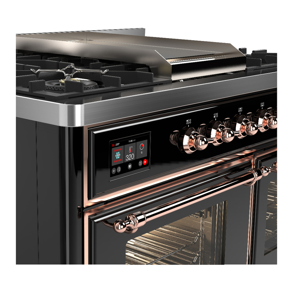 ILVE UMD40FNR3BKPLP Majestic III 40 inch Dual Fuel Range with 6 Burners and Griddle, Dual Function Burner up to 25,000 BTU (Liquid Propane, Triple Glass Door, Glossy Black, Copper) 7 ILVE-UMD40FNR3BKPLP-Control Knobs View