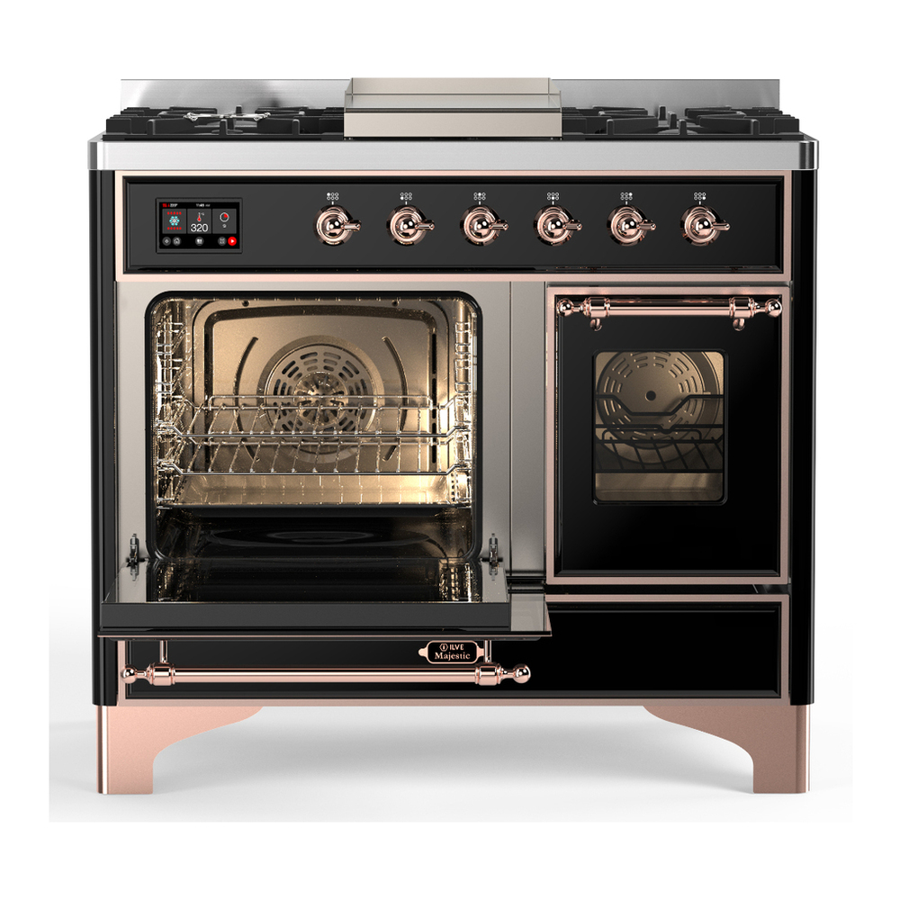 ILVE UMD40FNR3BKPLP Majestic III 40 inch Dual Fuel Range with 6 Burners and Griddle, Dual Function Burner up to 25,000 BTU (Liquid Propane, Triple Glass Door, Glossy Black, Copper) 3 ILVE-UMD40FNR3BKPLP-Primary Oven Open View