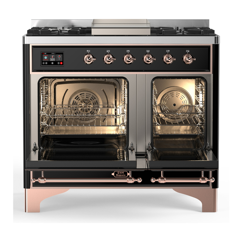 ILVE UMD40FNR3BKP Majestic III 40 inch Dual Fuel Range with 6 Burners and Griddle, Dual Function Burner up to 25,000 BTU (Natural Gas, Triple Glass Door, Glossy Black, Copper) 2 ILVE-UMD40FNR3BKP-Double Oven Open View