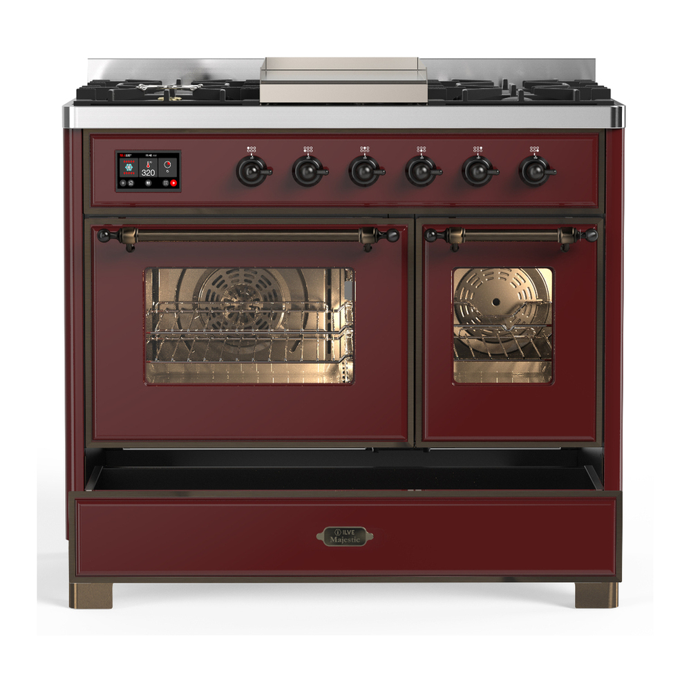 ILVE UMD40FNR3BUBLP Majestic III 40 inch Dual Fuel Range with 6 Burners and Griddle, Dual Function Burner up to 25,000 BTU (Liquid Propane, Triple Glass Door, Burgundy, Burnished) 5 ILVE-UMD40FNR3BUBLP-Drawer Open View