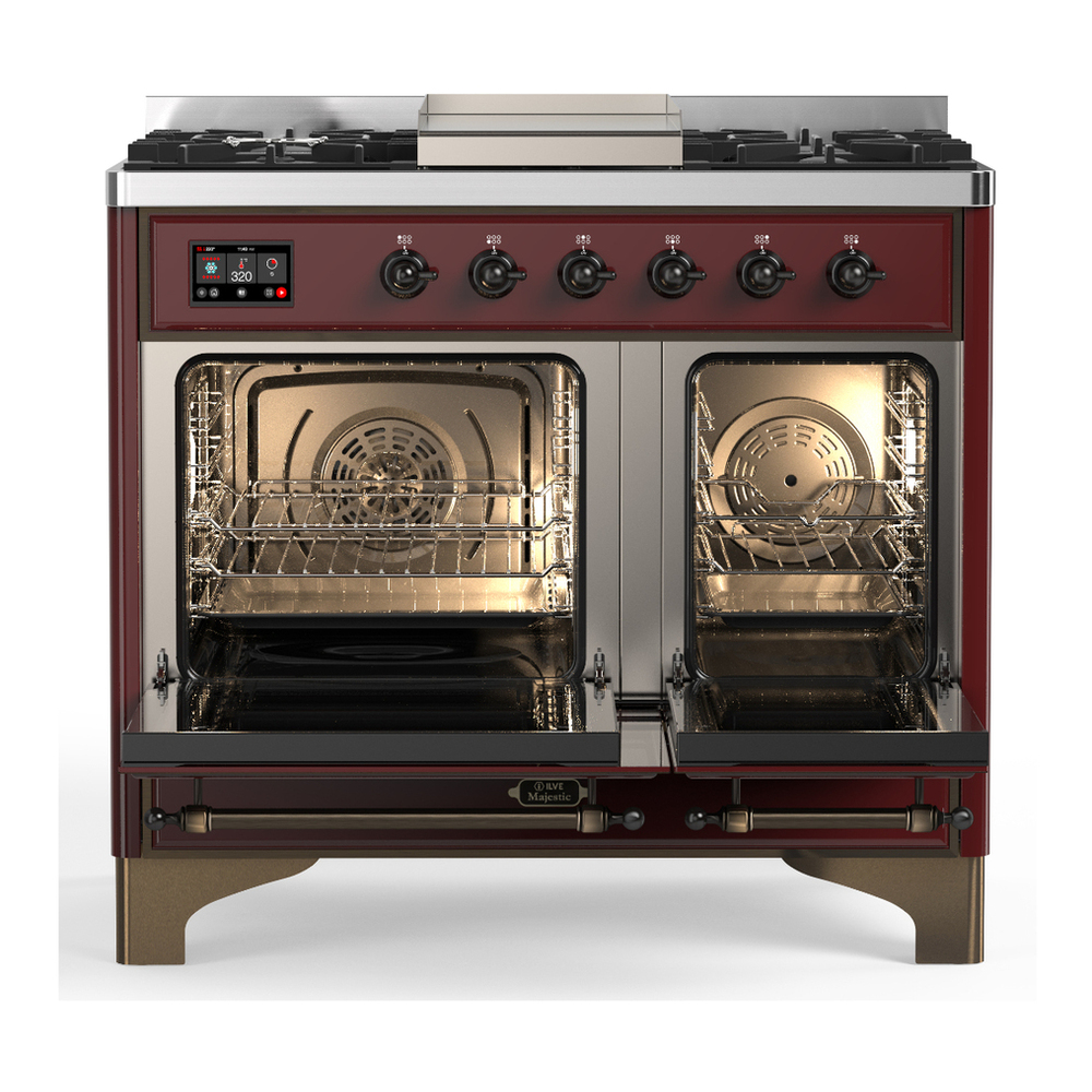 ILVE UMD40FNR3BUB Majestic III 40 inch Dual Fuel Range with 6 Burners and Griddle, Dual Function Burner up to 25,000 BTU (Natural Gas, Triple Glass Door, Burgundy, Burnished) 2 ILVE-UMD40FNR3BUB-Double Oven Open View