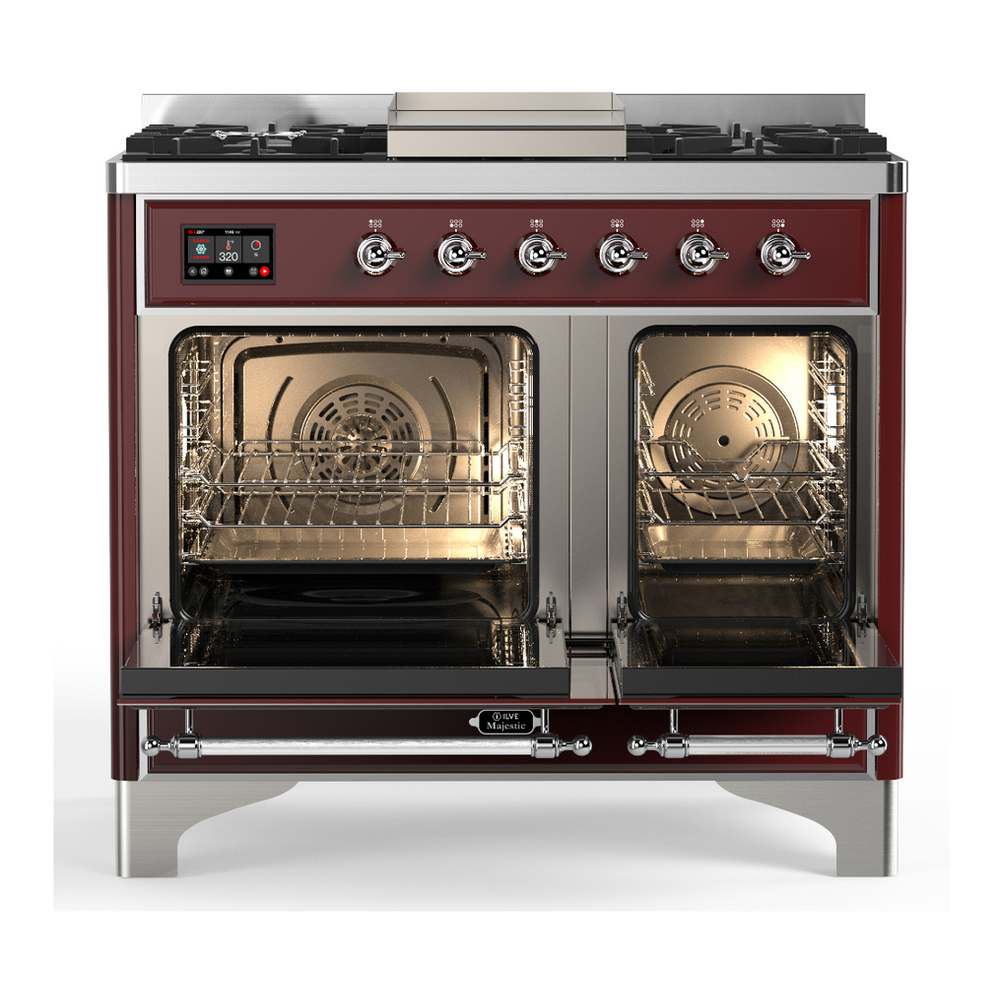 ILVE UMD40FNR3BUCLP Majestic III 40 inch Dual Fuel Range with 6 Burners and Griddle, Dual Function Burner up to 25,000 BTU (Liquid Propane, Triple Glass Door, Burgundy, Chrome) 2 ILVE-UMD40FNR3BUCLP-Double Oven Open View