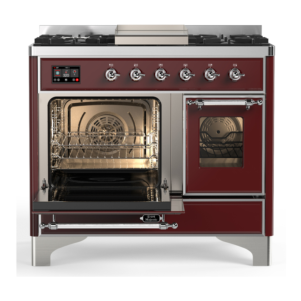 ILVE UMD40FNR3BUCLP Majestic III 40 inch Dual Fuel Range with 6 Burners and Griddle, Dual Function Burner up to 25,000 BTU (Liquid Propane, Triple Glass Door, Burgundy, Chrome) 3 ILVE-UMD40FNR3BUCLP-Primary Oven Open View
