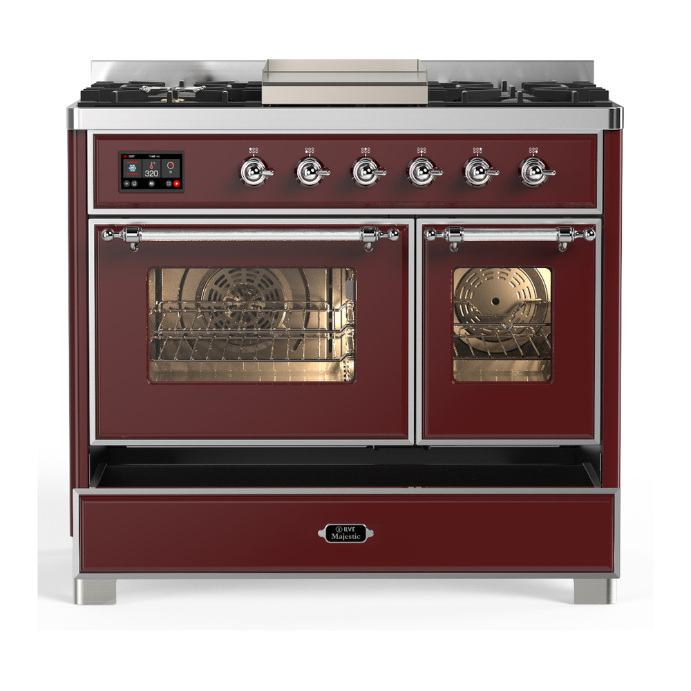 ILVE UMD40FNR3BUC Majestic III 40 inch Dual Fuel Range with 6 Burners and Griddle, Dual Function Burner up to 25,000 BTU (Natural Gas, Triple Glass Door, Burgundy, Chrome) 5 ILVE-UMD40FNR3BUC-Drawer Open View
