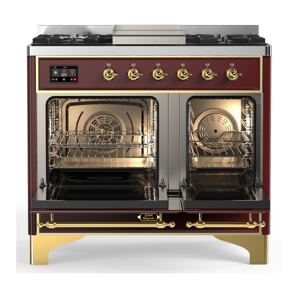 ILVE UMD40FNR3BUGLP Majestic III 40 inch Dual Fuel Range with 6 Burners and Griddle, Dual Function Burner up to 25,000 BTU (Liquid Propane, Triple Glass Door, Burgundy, Brass) 2 ILVE-UMD40FNR3BUGLP-Double Oven Open View