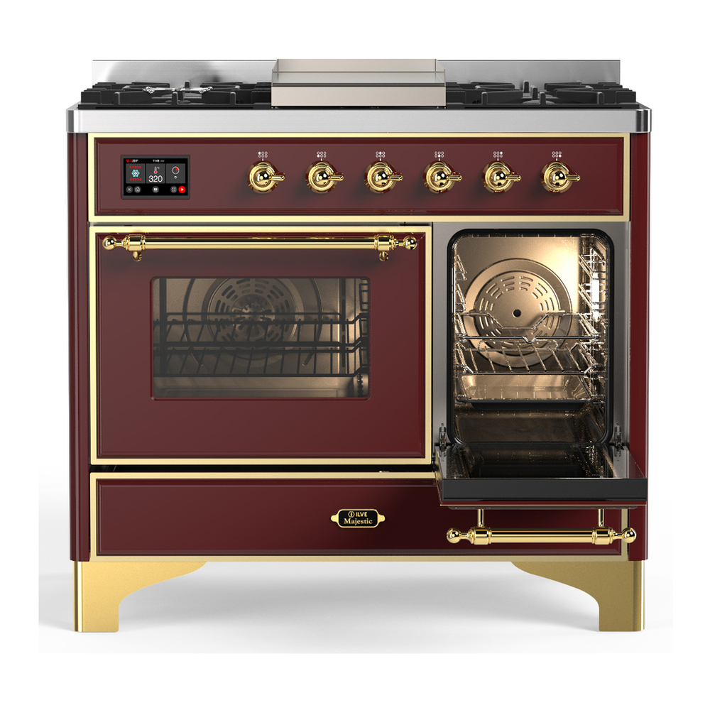 ILVE UMD40FNR3BUGLP Majestic III 40 inch Dual Fuel Range with 6 Burners and Griddle, Dual Function Burner up to 25,000 BTU (Liquid Propane, Triple Glass Door, Burgundy, Brass) 4 ILVE-UMD40FNR3BUGLP-Secondary Oven Open View
